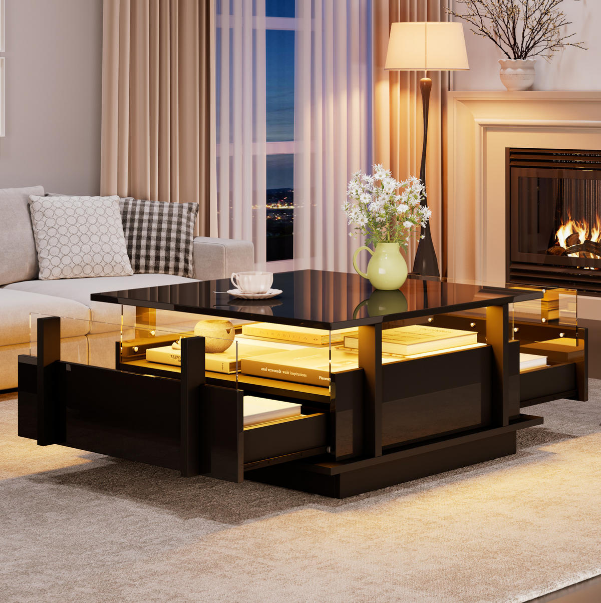 COUCHTISCH mit 2 Schubladen 70x70 cm Hochglanz Schwarz mit LED - Schwarz, Holzwerkstoff (70/70/35cm) - Meubliv