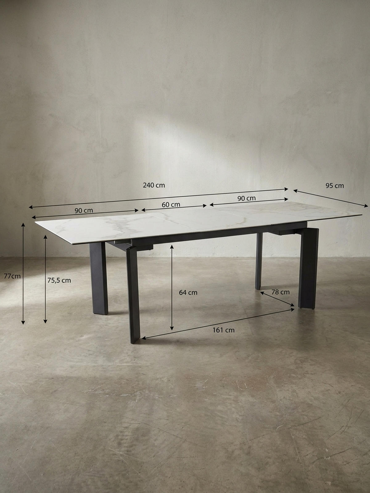 ESSTISCH Ausziehbar Keramik Glas Marmoroptik 180-240 MALTA, Weiß-Schwarz 180x95x77 cm - Schwarz/Weiß, Glas/Metall (95/180/77cm) - KADIMA DESIGN