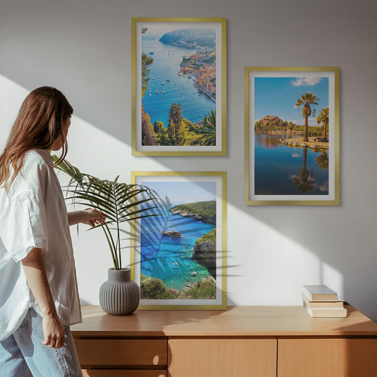 WANDBILDER 3er Set - 40x60 cm Goldrahmen - Palmen am Meer, blaues Wasser - Goldfarben, Kunststoff (40/60cm) - ArtPrintCave
