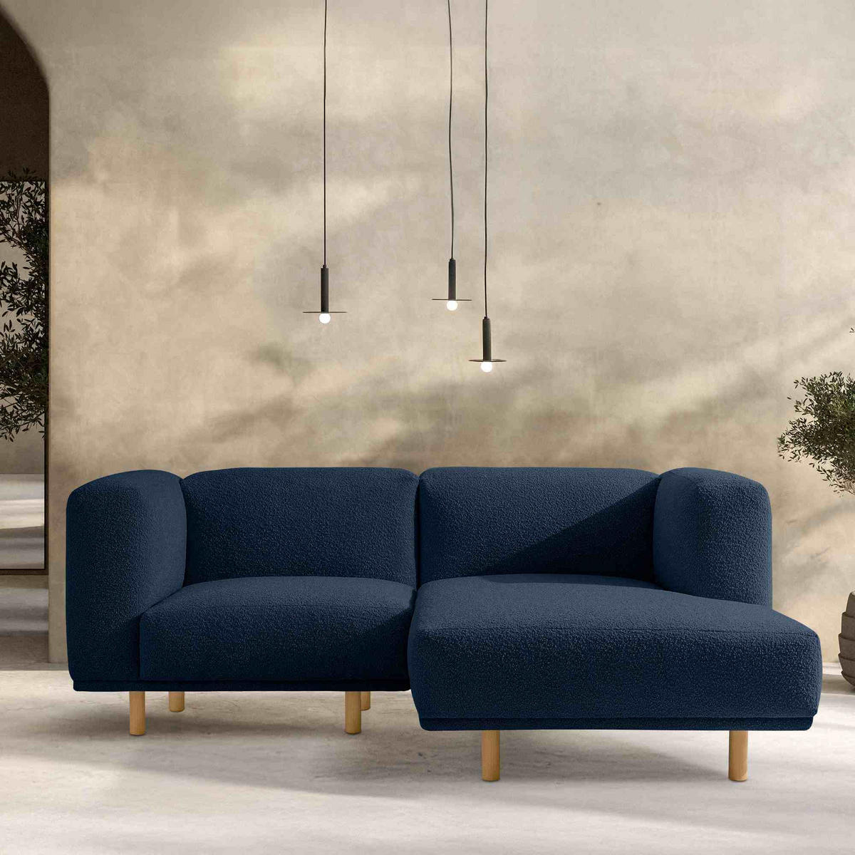 ECKSOFA-RECHTS FOSERO, Bouclé - Buchefarben/Dunkelblau, Holz/Holzwerkstoff (204/155cm) - KONSIMO®