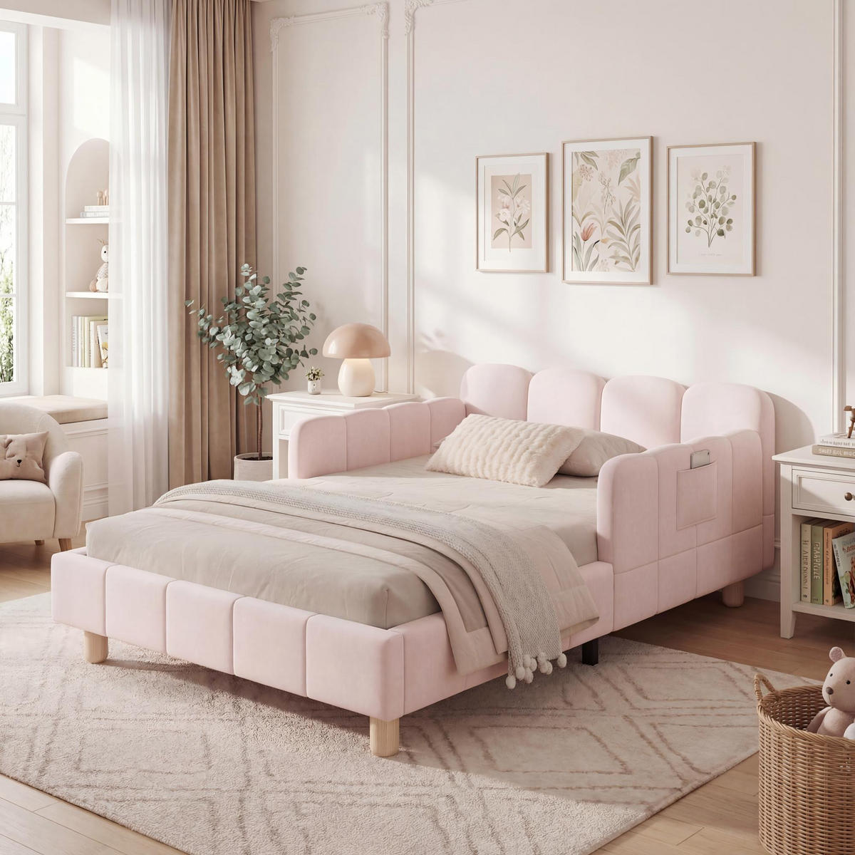 KINDERBETT 90/200 cm in Pink Samt mit Taschen und Armlehnen - Rosa/Naturfarben, Holzwerkstoff/Textil (90/200cm) - STILVORA