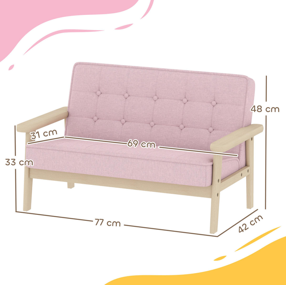DETSKÁ pohovka z dreva a textílie 77x42x48 cm ružová s podrúčkami a penovou výplňou - ružová, textil (42/48/77cm) - Modfu