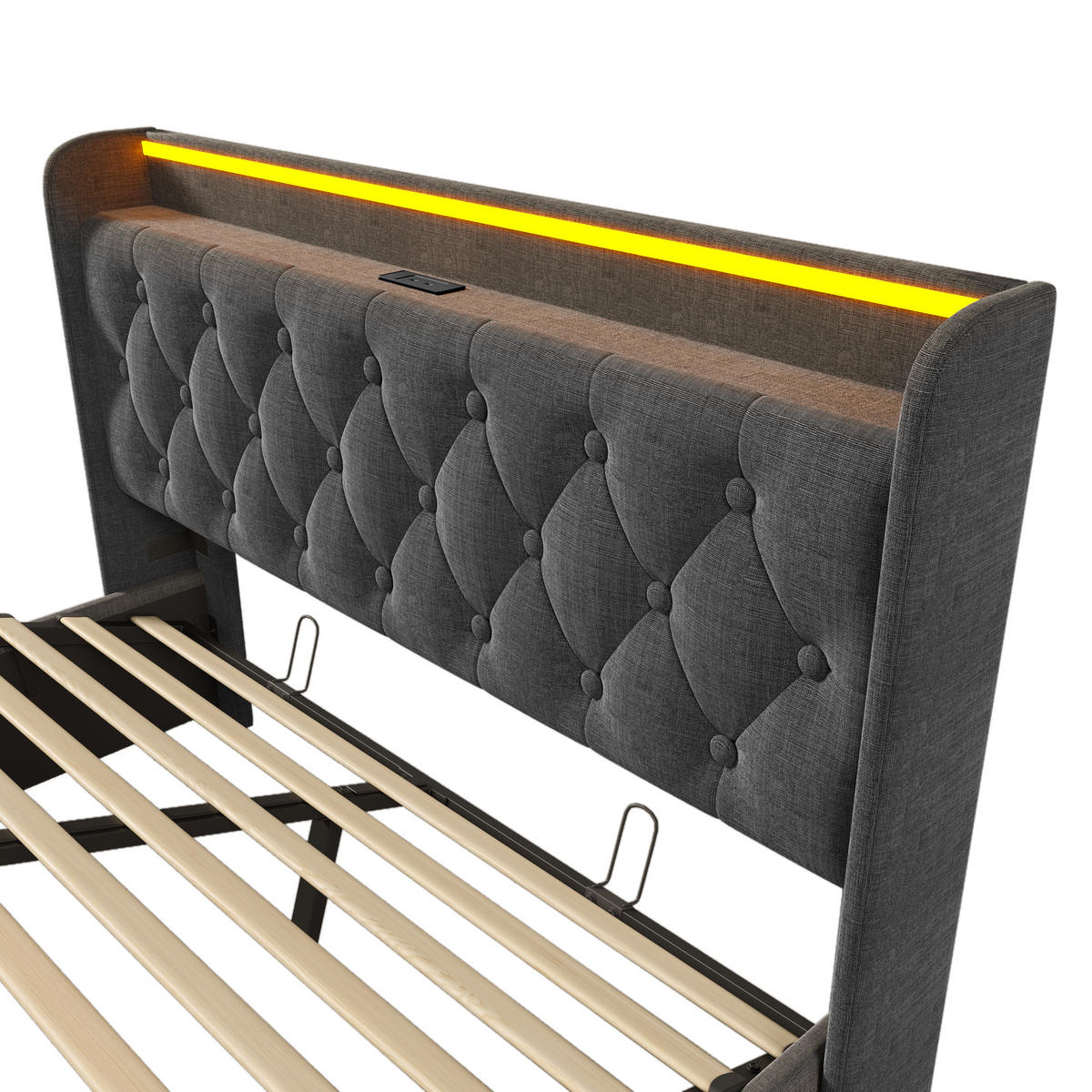 POLSTERBETT aus Leinen 140x200 cm Grau mit LED & Matratze - Grau, Textil (140/200cm) - Modfu