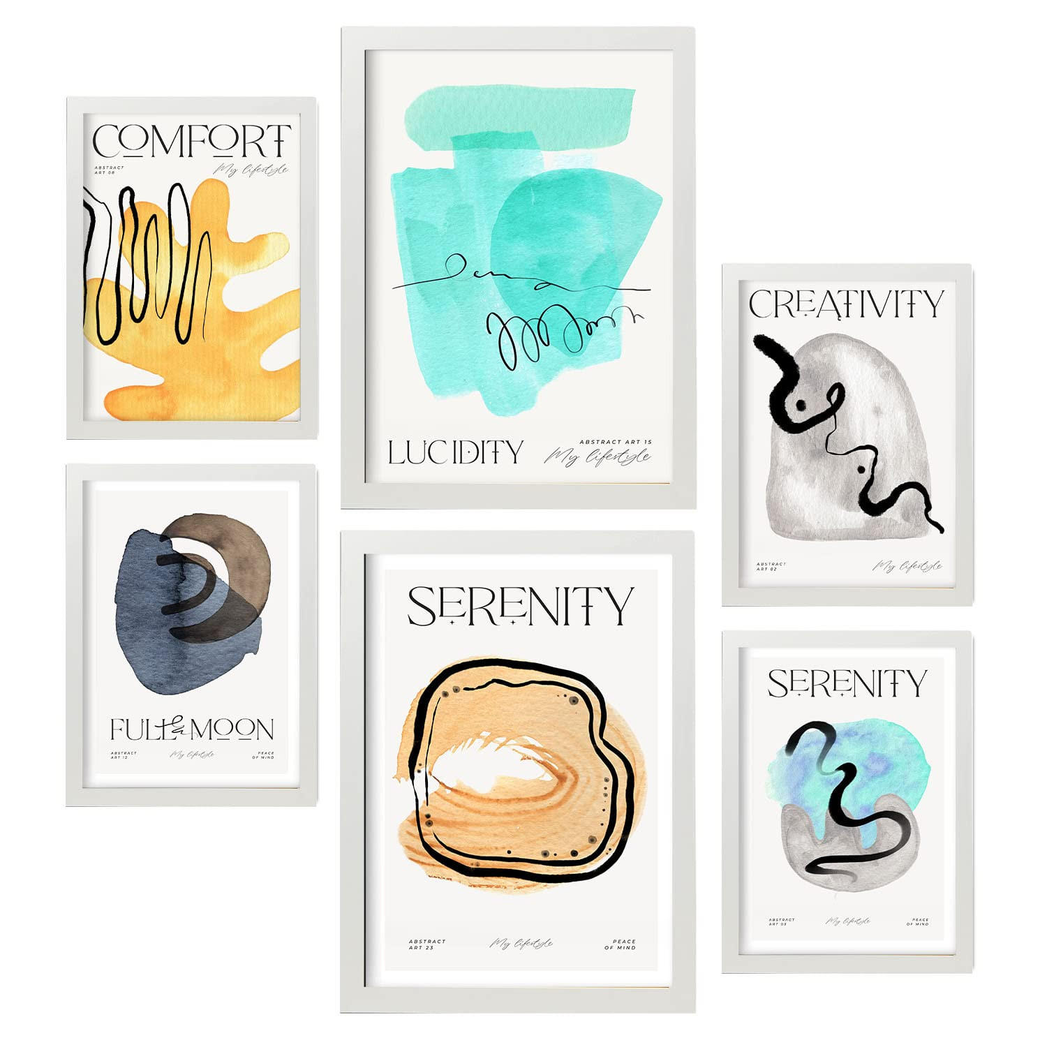 POSTER Set Mit 6 Abstrakte Grundlage Plakate Mit Ästhetischer Kunstausstellung Vollfarbige Illustrationen Für Innenarchitektur A3 & A4 Weißer Rahmen - Weiß, Papier (29/3cm) - Nacnic