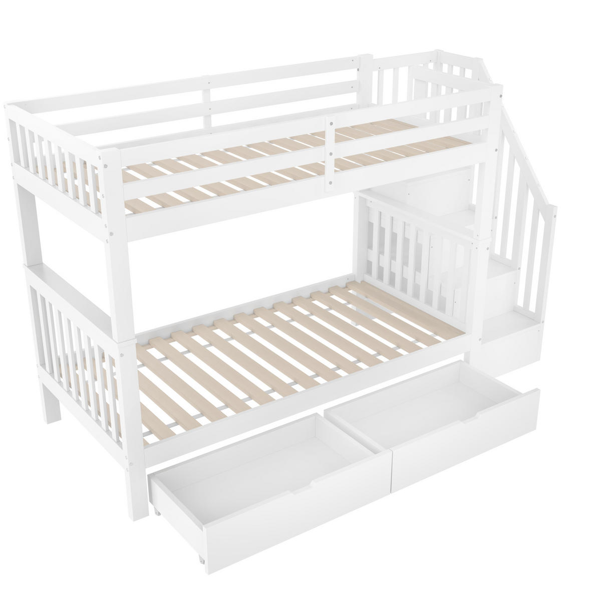 ETAGENBETT aus Kiefernholz und MDF 90x200 cm Weiß mit Treppenregal, 2 Schubladen und hohem Sicherheitsgeländer - Weiß, Holzwerkstoff (90/200cm) - Modfu