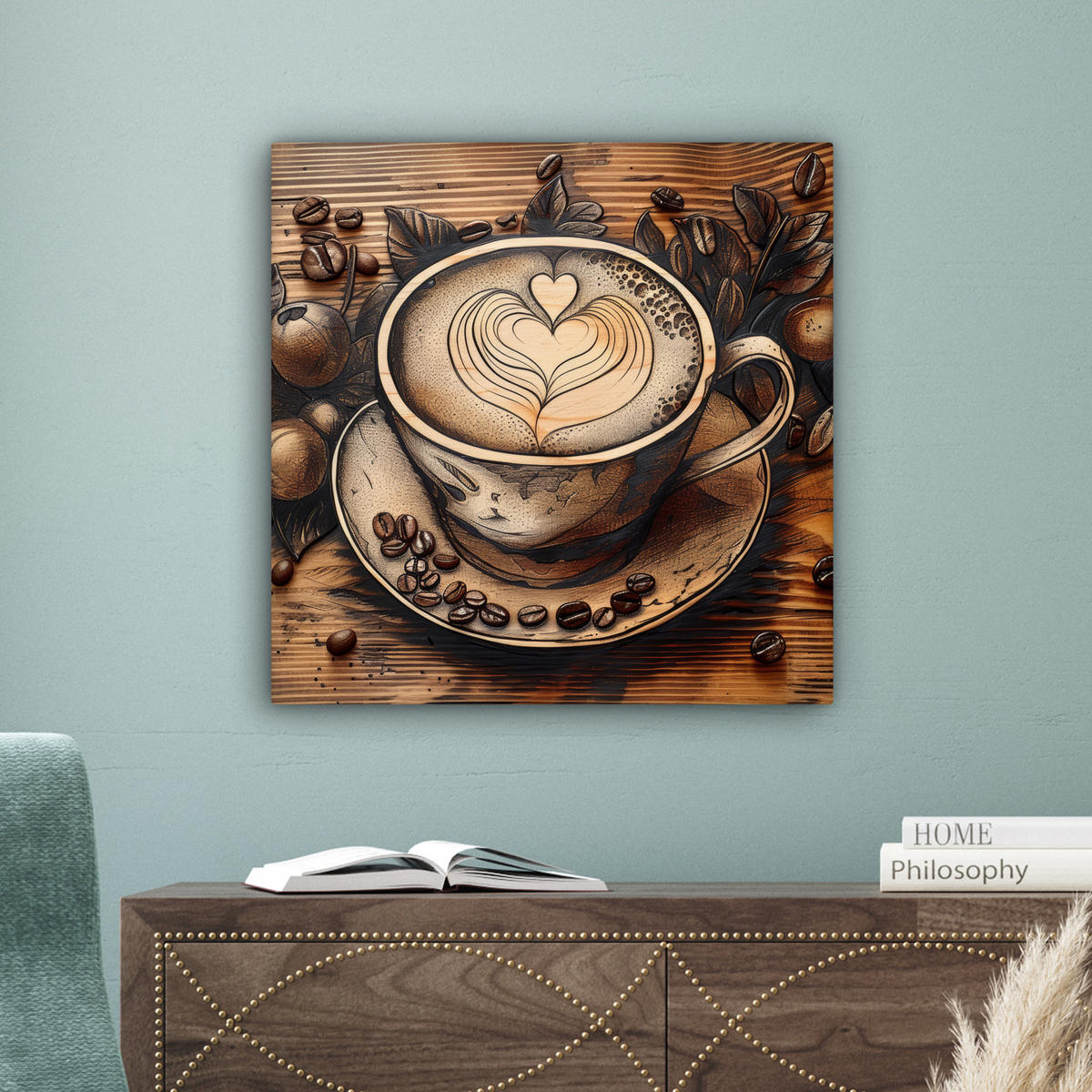 LEINWANDBILD Kaffee - Vintage - Braun - Tasse - Holz 50x50 cm - Braun, Textil (50/50cm) - MuchoWow