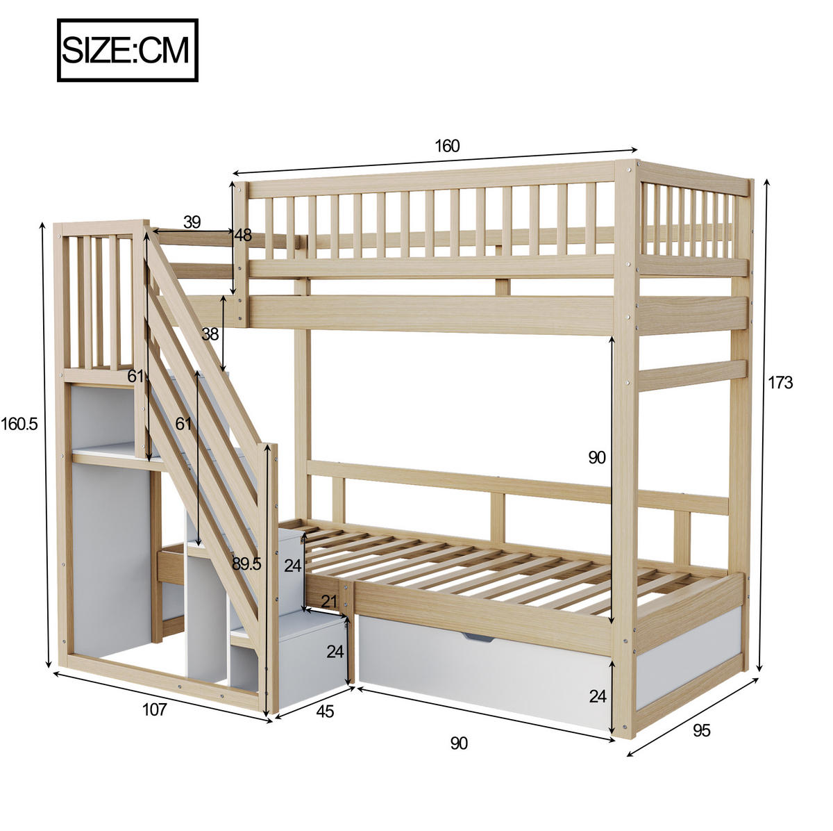 ETAGENBETT 90/200 cm mit Lattenrost, Treppe mit Stauraum und Schubladen, Natur /Weiß - Naturfarben, Holzwerkstoff (90/200cm) - Redom