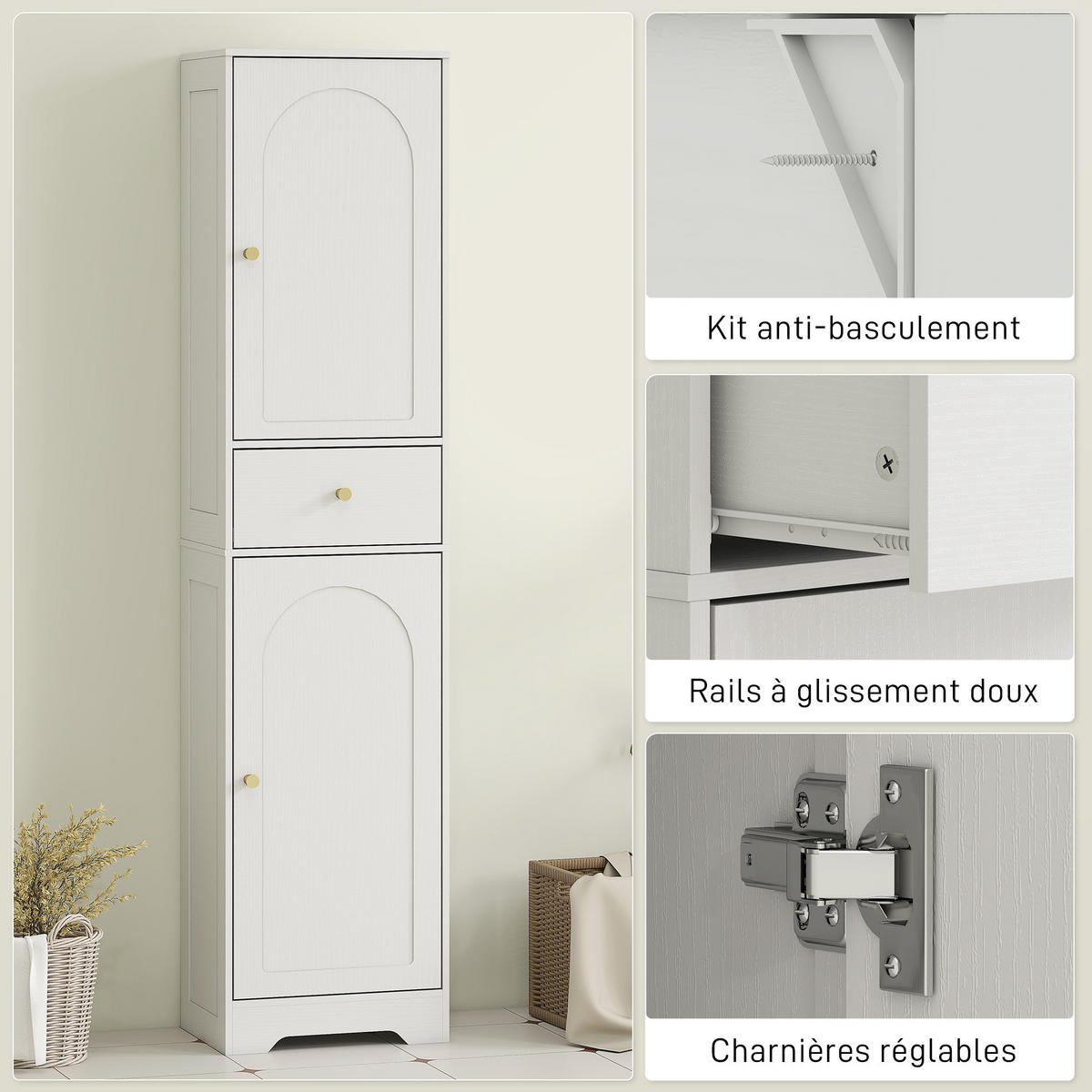 HOCHSCHRANK DE-12480 40/29,5/170 cm Weiß / Gold - Weiß, Holzwerkstoff (29.5/170/40cm) - ComfortXL