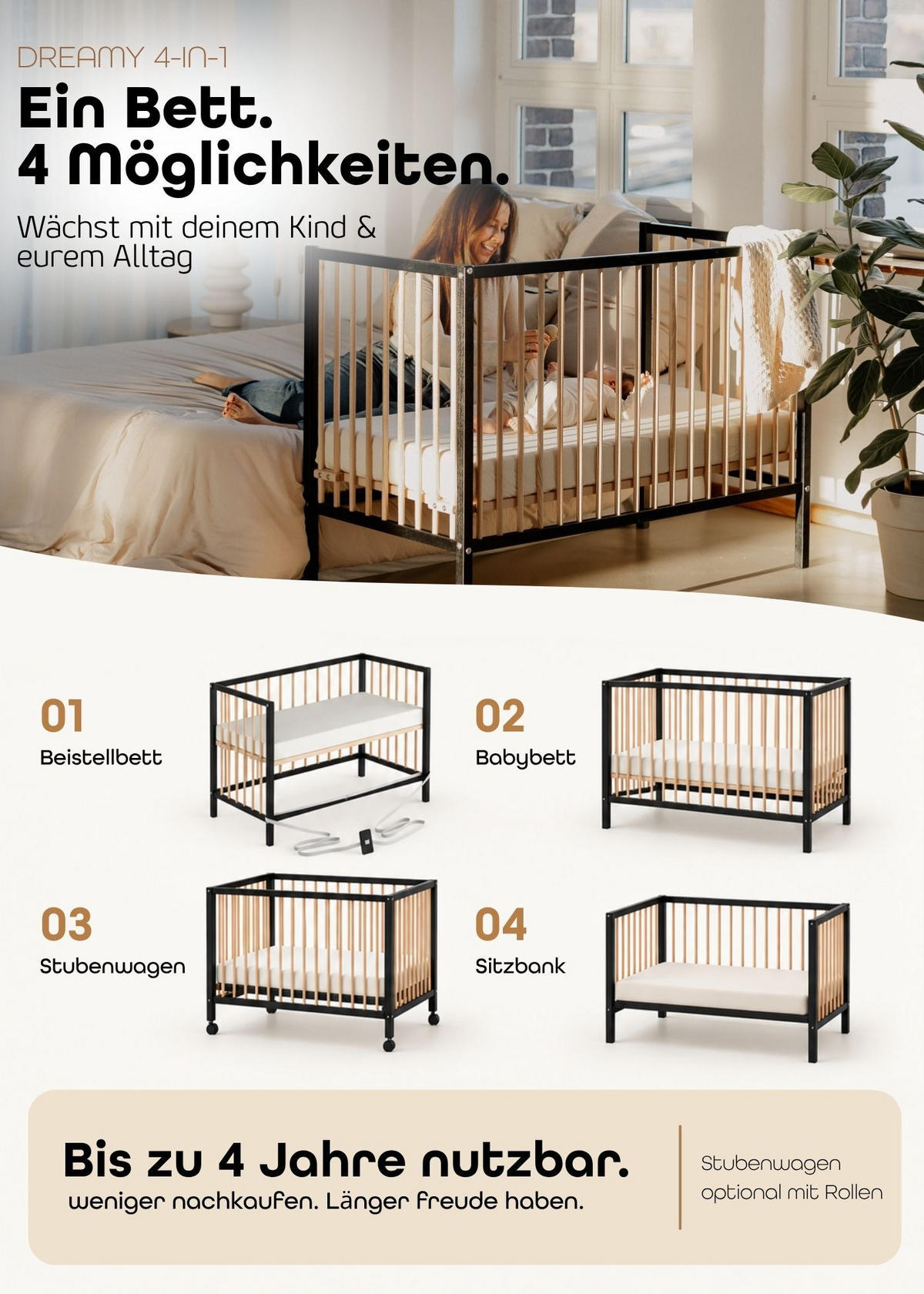 BEISTELLBETT Matratze SleepPlus, Rollen & Umbauseite - grau - Dreamy 4 in 1 Bett - Grau, Holz (120/90/60cm) - Sämann – make a difference.