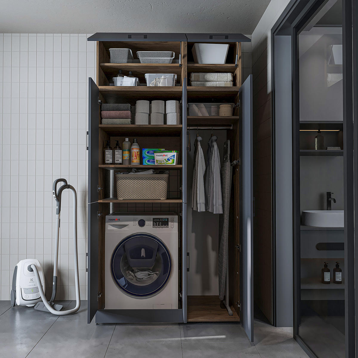 WASCHMASCHINENSCHRANK DORA-II 115cm Breit, 230cm Hoch - Anthrazit, Holzwerkstoff (115/230/73.8cm)