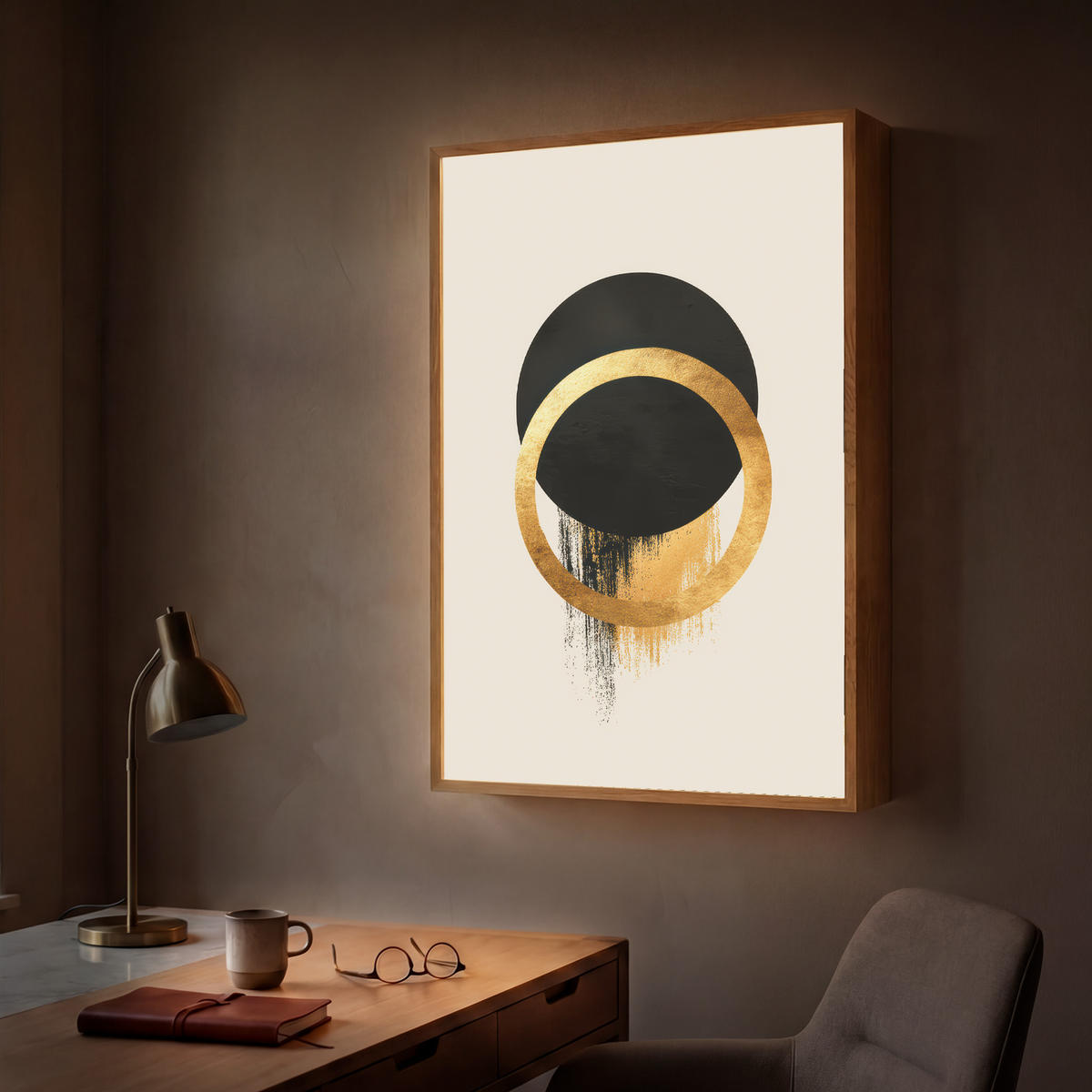 WANDLEUCHTE MIT AKKU Abstraktes Design - Schwarzer Kreis - Farbflecken 70x100 cm - Creme, Holzwerkstoff (70/100/8cm) - OnlyWow