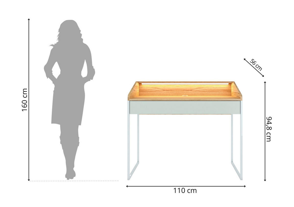 SCHREIBTISCH Finka mit Schublade, Led Beleuchtung, Pastellgrün, Hellgrau und Holz Dekor, 110 cm - Pastellgrün/Hellgrau, Holzwerkstoff/Metall (56/110/94.8cm) - Dancan