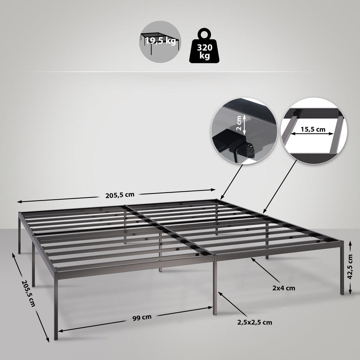 METALLBETT 205.5/205.5/42.5 cm Metall Schwarz - Schwarz, Metall (205.5/205.5cm) - CLP