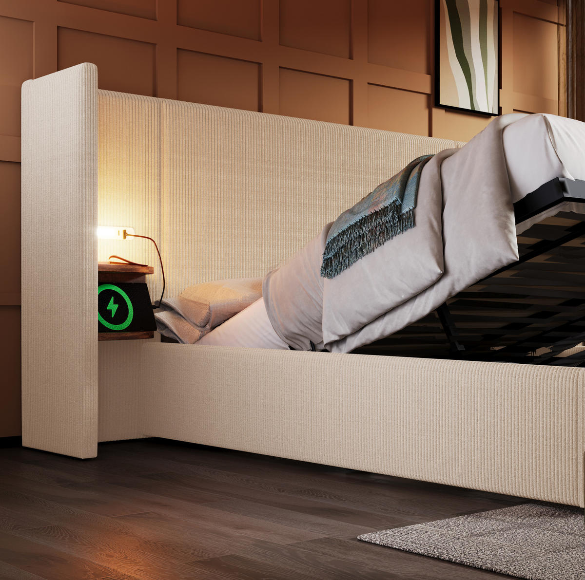 BETT mit Stauraum 160x200 cm Cord Beige mit Leselicht und USB - Beige, Metall (160/200cm) - Meubliv