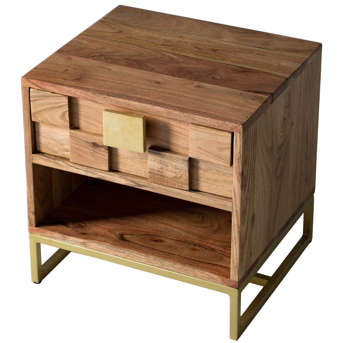NACHTTISCH - Akazie massiv / Gold - Goldfarben/Akaziefarben, Holz/Metall (40/40/35cm) - home24