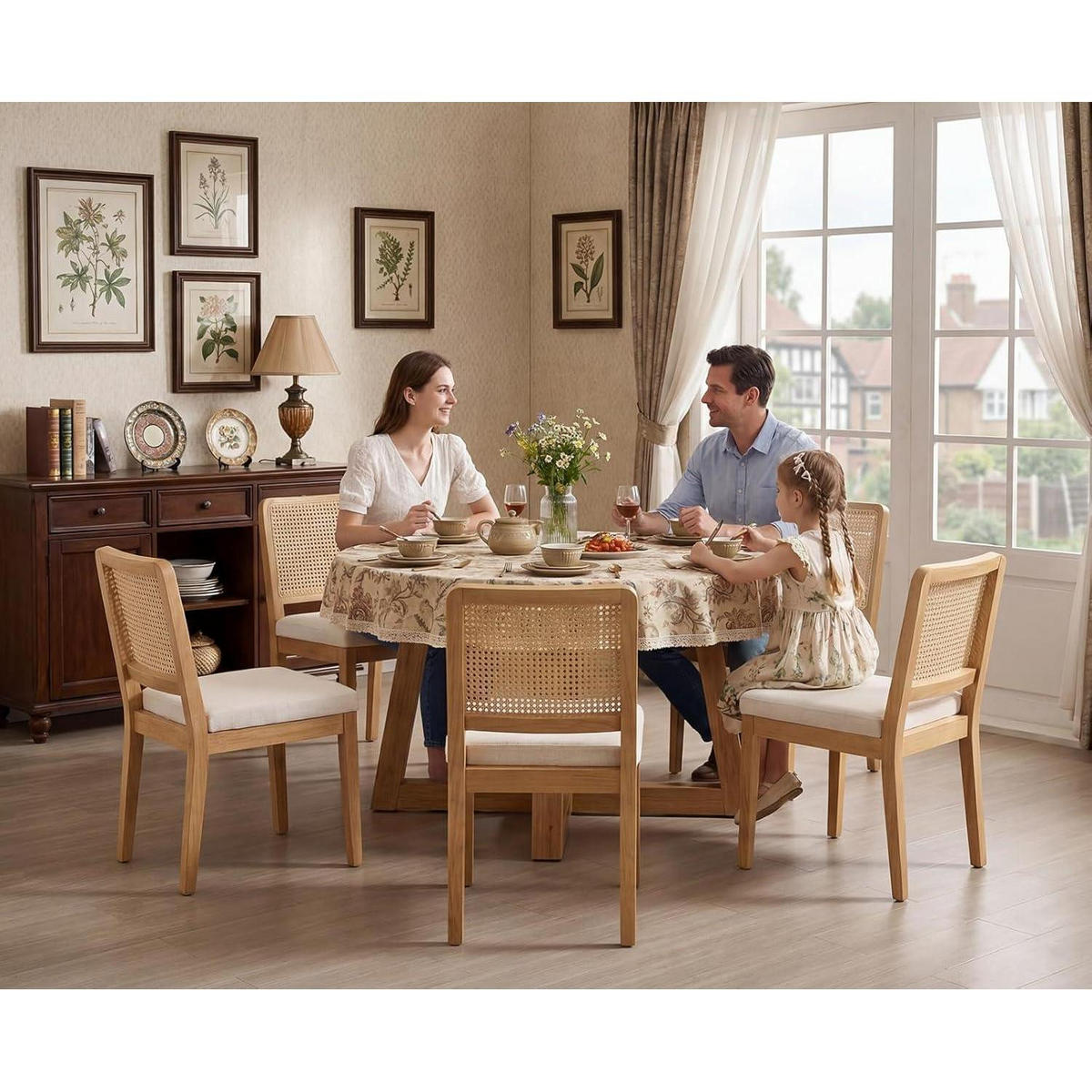 ESSZIMMERSTÜHLE 4er Set Chenille Rattan Rückenlehne Holz Weiß - Weiß, Naturmaterialien (48.5/86/56.5cm)