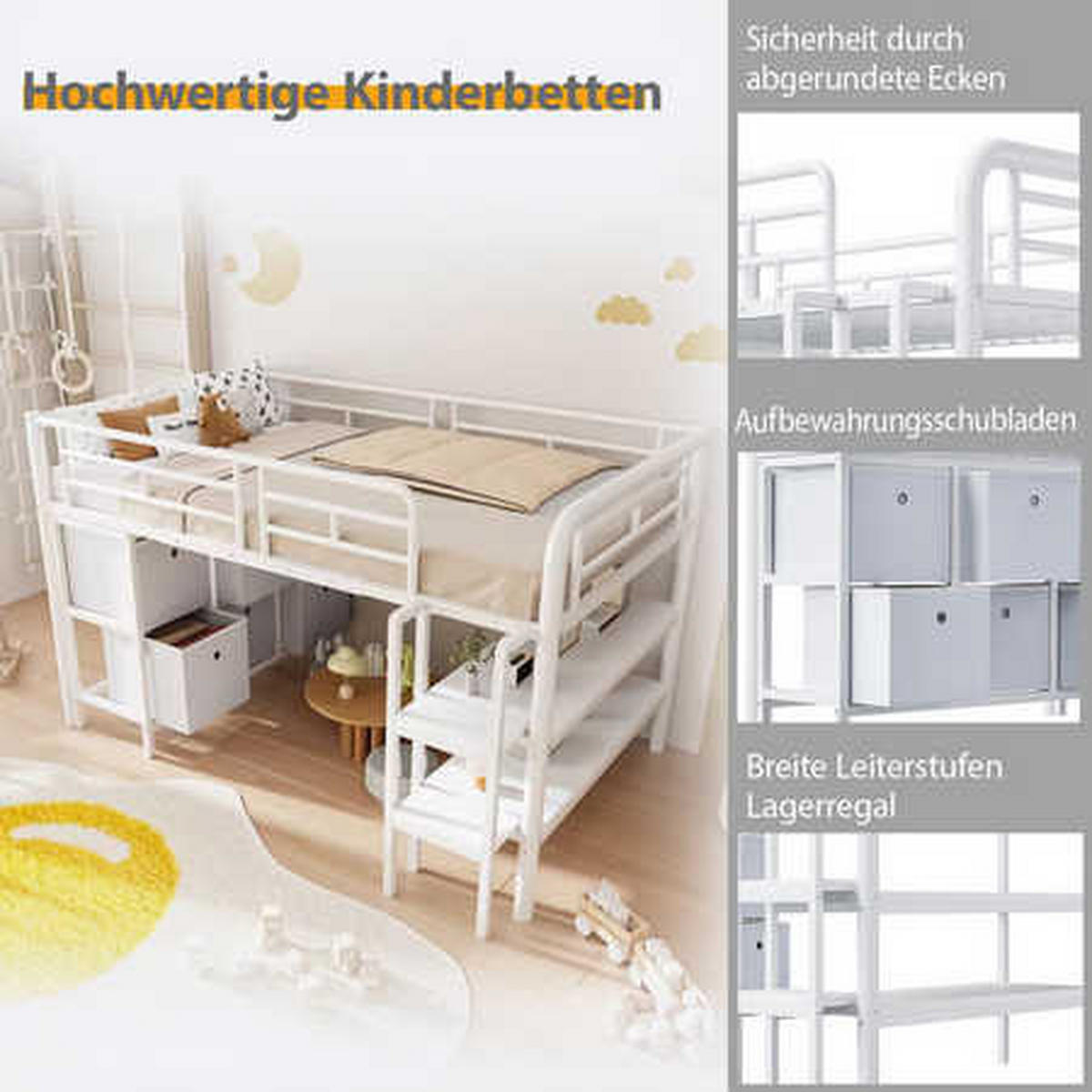 HOCHBETT 90x200 Weiß Metall Treppe Stauraum - Weiß, Metall (90/200cm) - FLIEKS