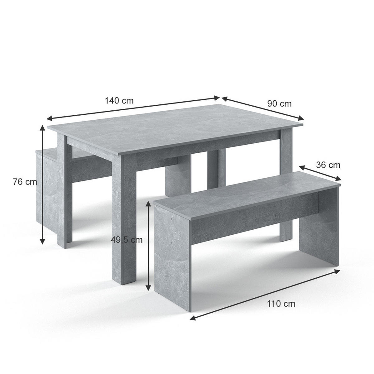 ESSTISCH SET Sentio Beton 90 x 140 cm mit 2 Bänken - Grau, Holzwerkstoff (140/76/90cm) - Vicco