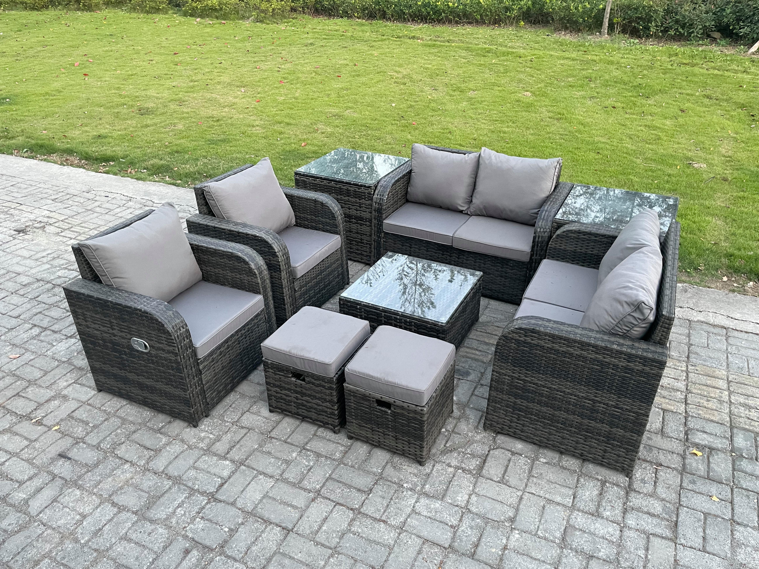GARTENMÖBELGARNITUR Polyrattan Dunkelgrau 8-Sitzer - Dunkelgrau, Metall - Fimous