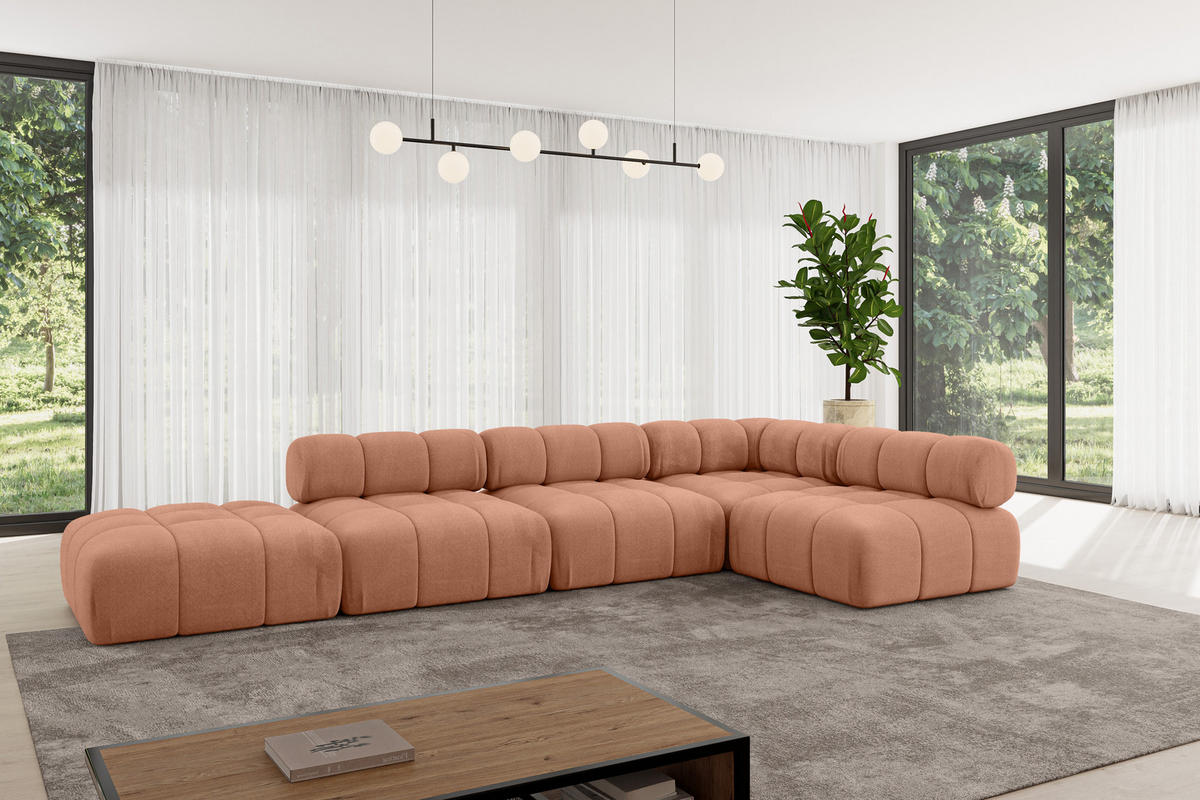ECKSOFA modulares Sofa Favio-L2 - 380x190x70 cm Apricot Velours - Koralle, Holzwerkstoff/Textil (380/190cm) - ALTDECOR