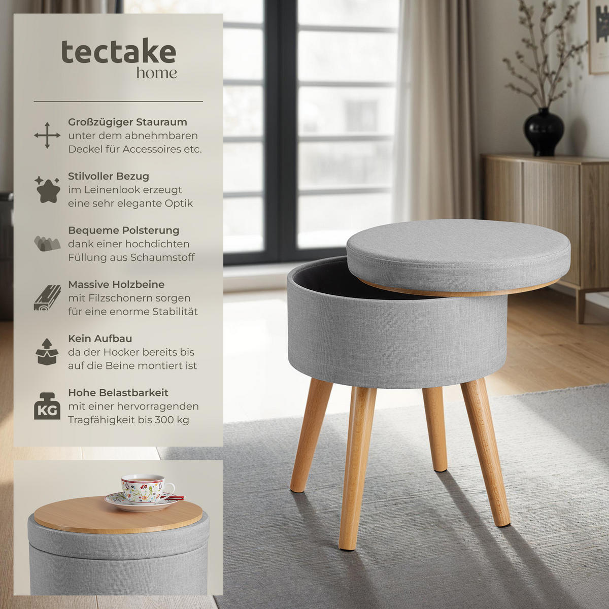 SITZHOCKER mit Stauraum Yara,42,5 x 42,5 x 45,5 cm,hellgrau - Hellgrau, Holz (42.5/45.5/42.5cm) - tectake