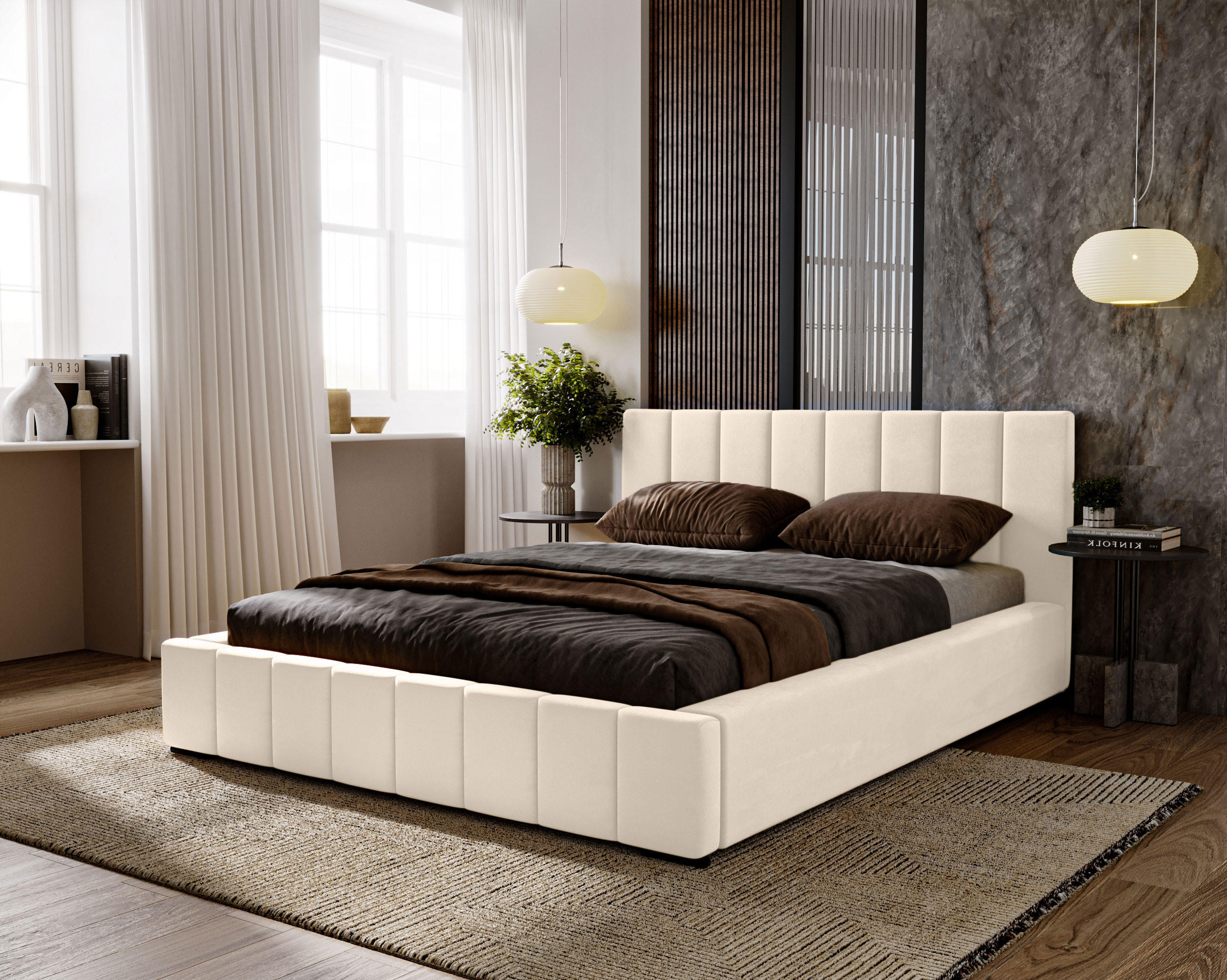 POLSTERBETT Nero 200x200 cm, Doppelbett mit Bettkasten und Lattenrost aus Holz, Velourstoff: Beige - Beige, Holz/Kunststoff (200/200cm) - Marpur