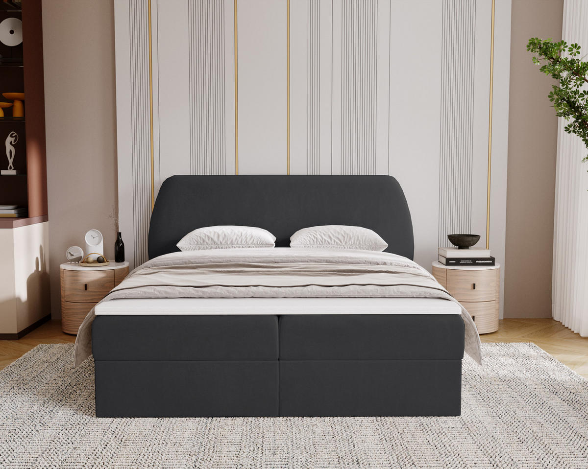 BOXBETT Bloom mit abgerundetem Kopfteil, Stoff Komodo Schwarz 120x200 cm - Schwarz, Holz (120/200cm) - Kaiser Möbel
