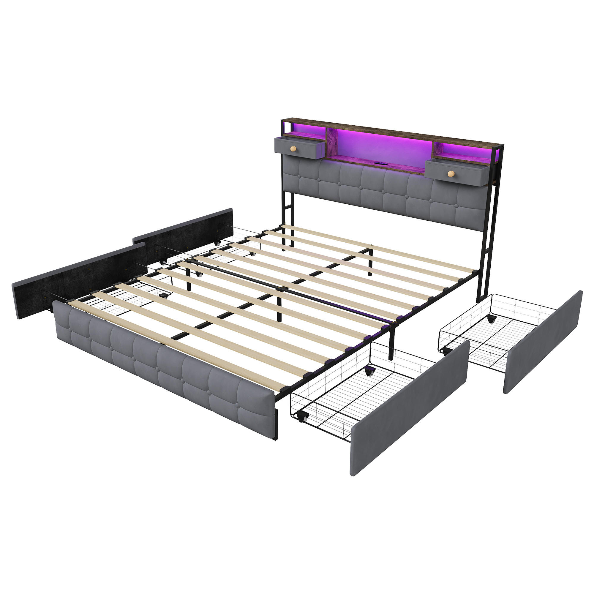 POLSTERBETT 160x200 cm mit 4 Schubladen, LED und USB-/Typ-C-Anschlüsse, Samt in Grau - Grau, Holz (160/200cm) - BRILVERDE