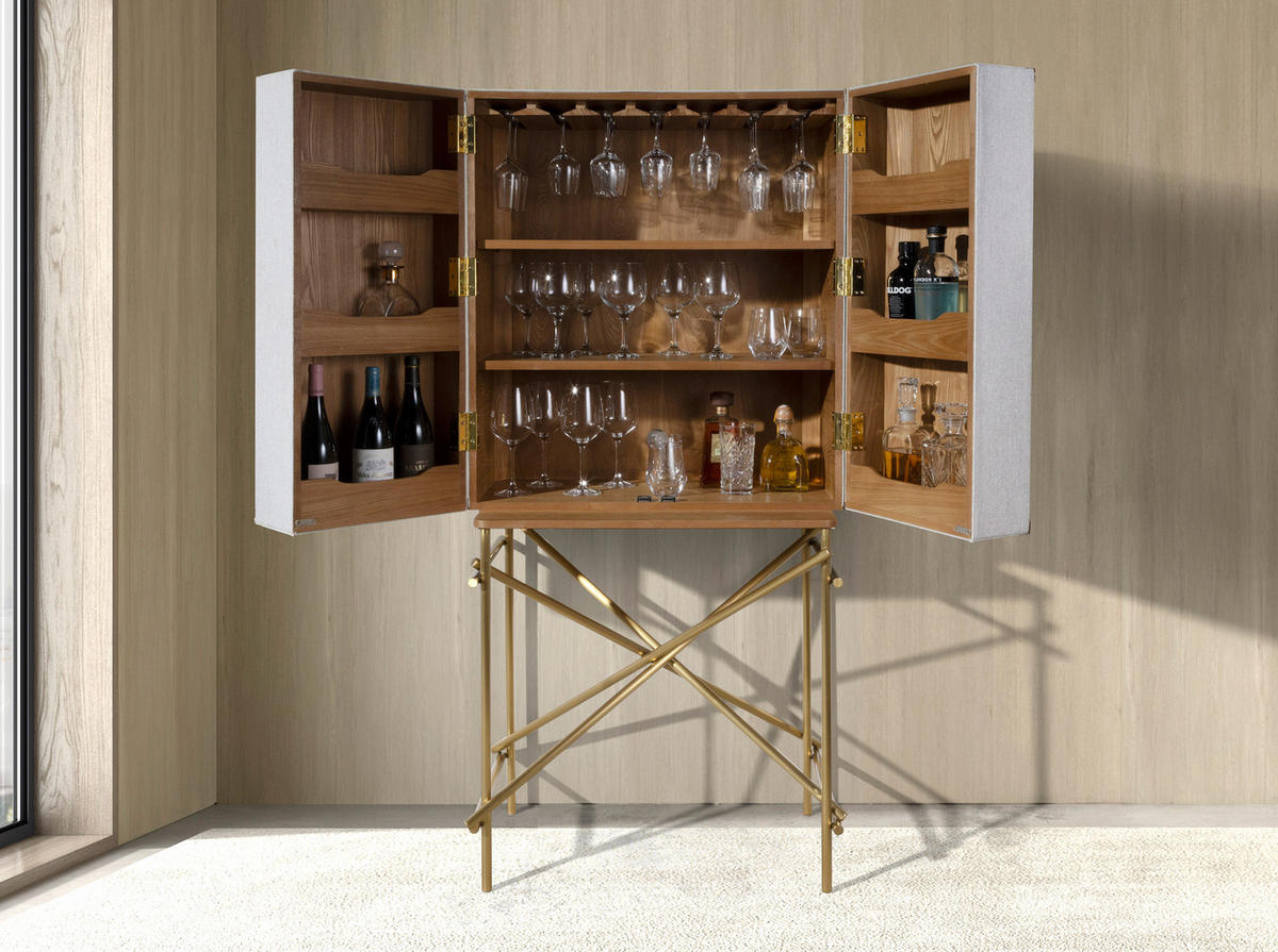 HIGHBOARD Großes Sideboard, Stoff, Nussbaum und goldfarbener polierter Stahl 82/53/169 cm - Hellgrau, Holzwerkstoff/Metall (82/169/53cm) - ANGEL CERDA