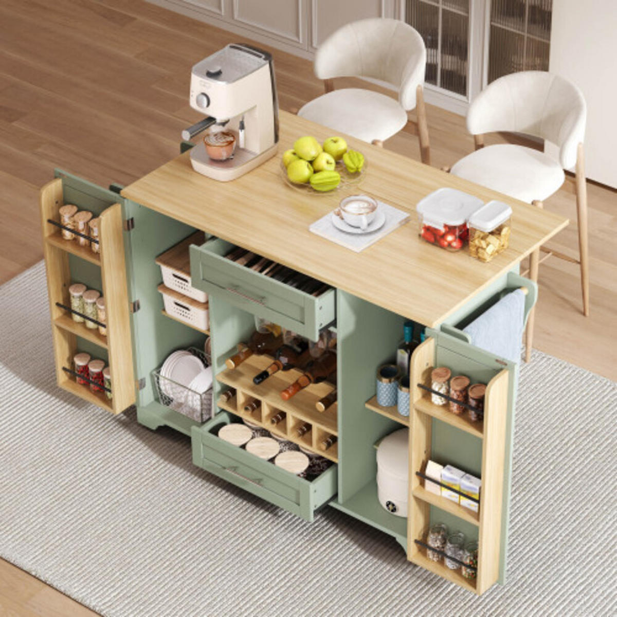 KÜCHENINSEL Antikgrün aus MDF mit ausziehbarer Arbeitsplatte 138 × 70 × 92 cm - Grün, Holzwerkstoff (138/92/70cm) - Luhomfu