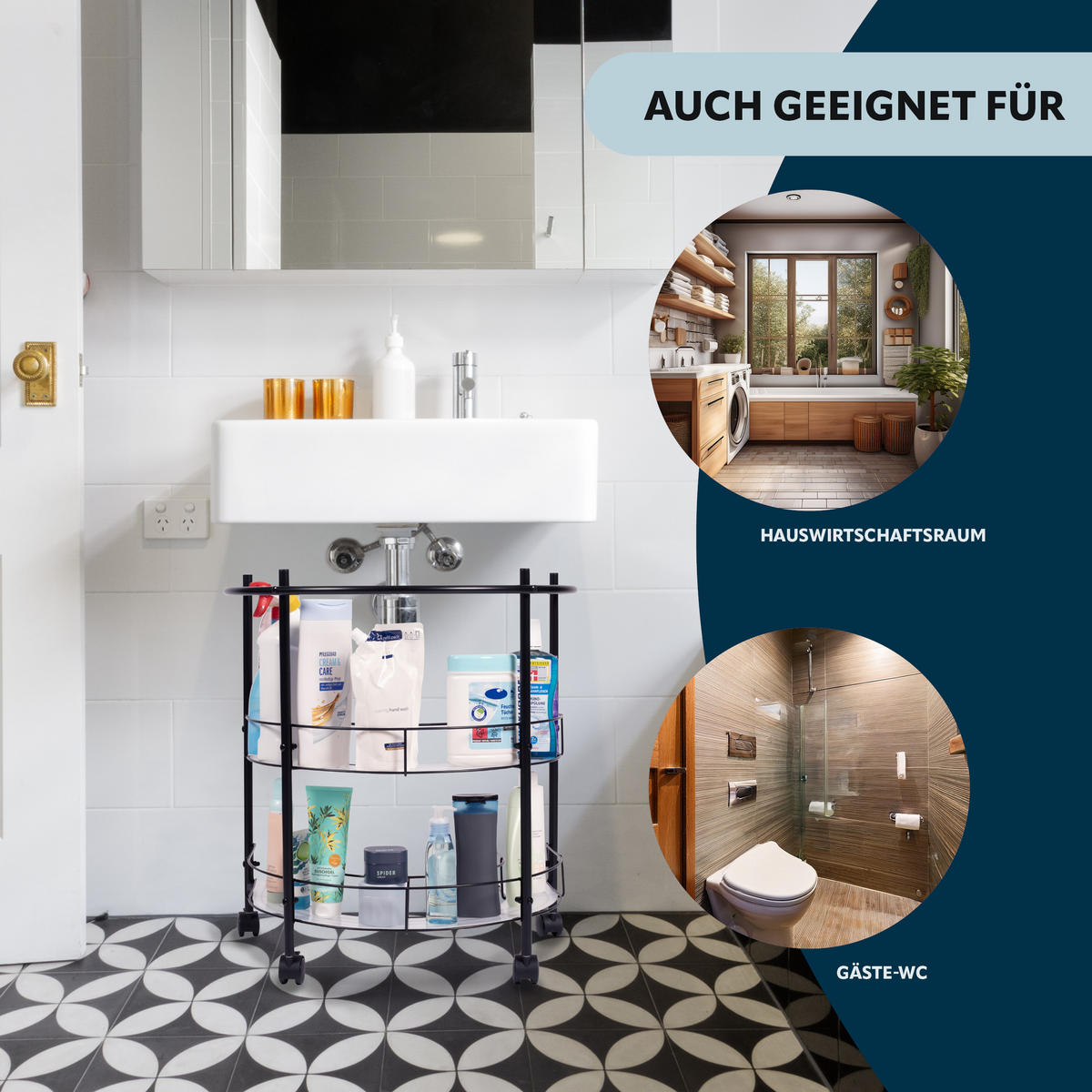 WASCHBECKENUNTERSCHRANK, aus Metall, Schwarz - Schwarz, Metall (57.5/64/44.5cm) - eluno