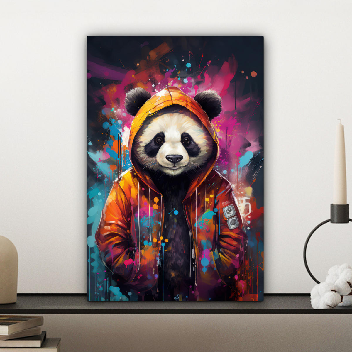 LEINWANDBILD Panda - Jacke - Graffiti - Orange Deko Wohnzimmer 20x30 cm - Orange, Textil (20/30cm) - MuchoWow