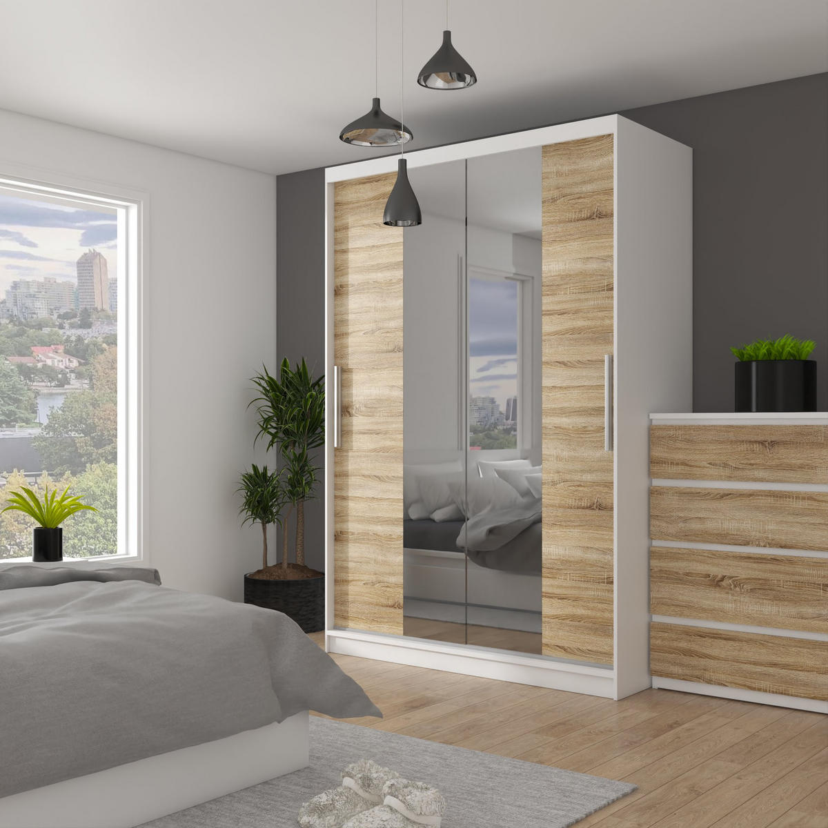 SCHWEBETÜRENSCHRANK Verona ME, Weiß/Sonoma Eiche Matt, 133 cm, mit Spiegel & 4 Schubladen - Sonoma Eiche, Holz (133/216/60cm) - B BELINI GROUP