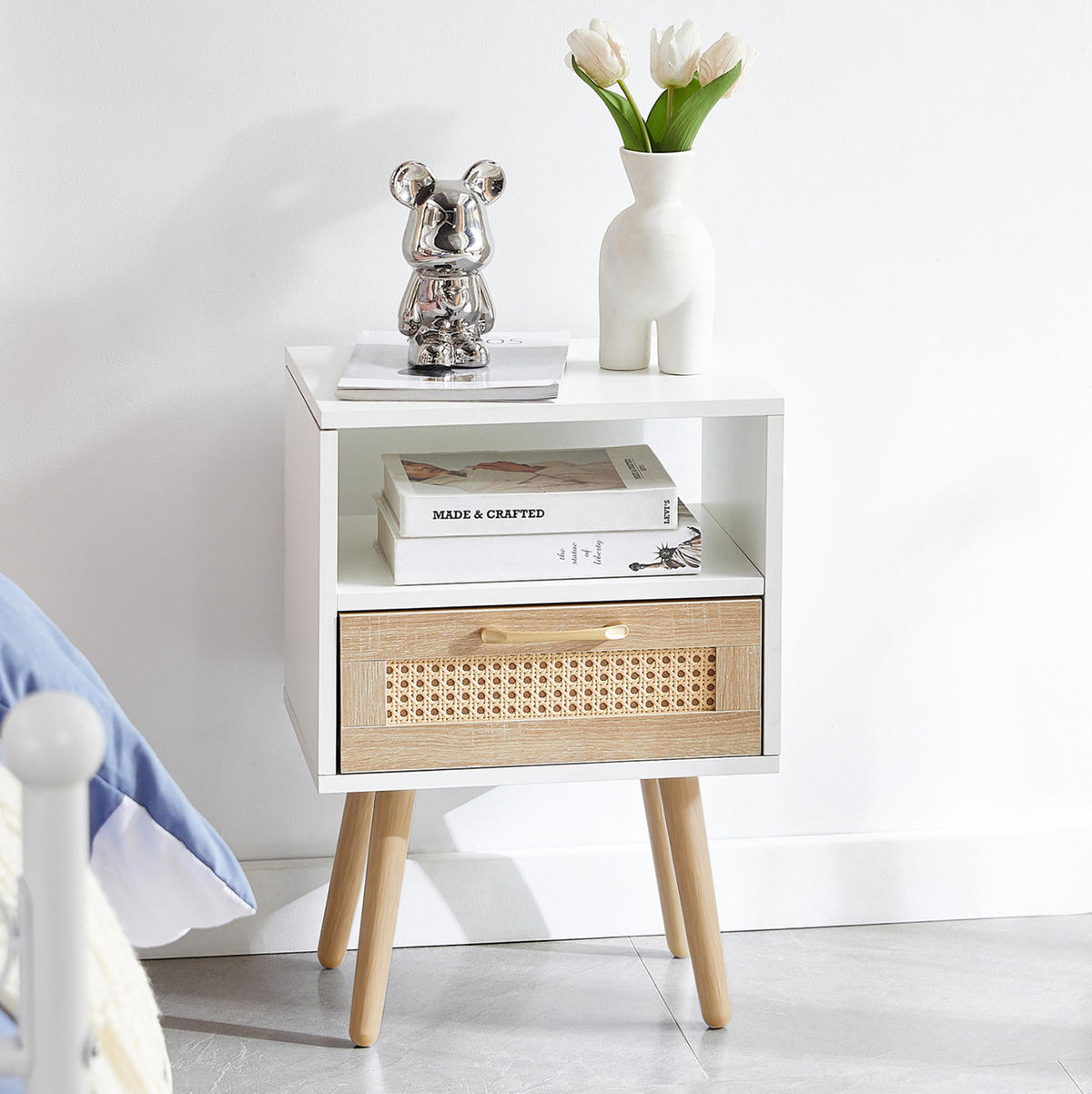 NACHTTISCH 40/55/30 cm Weiß/Natur aus MDF mit Schublade - Hellbraun, Holzwerkstoff (40/55/30cm) - OKMYHOME
