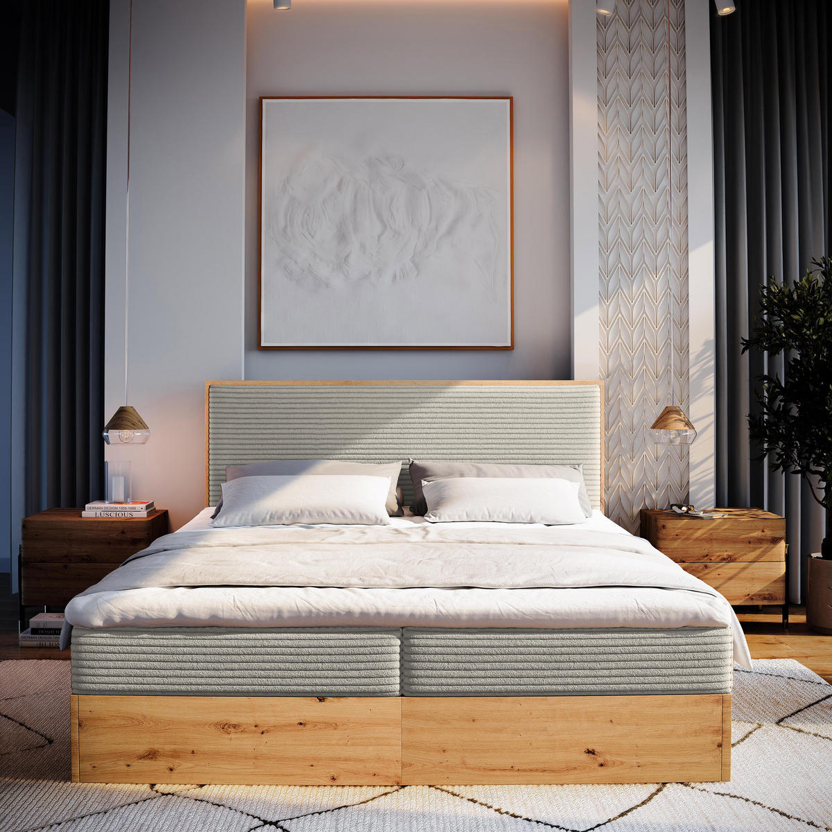 BOXBETT VERDON 160x200 cm mit Matratze und Topper - Beige - Beige, Holz (160/200cm) - MASSENO