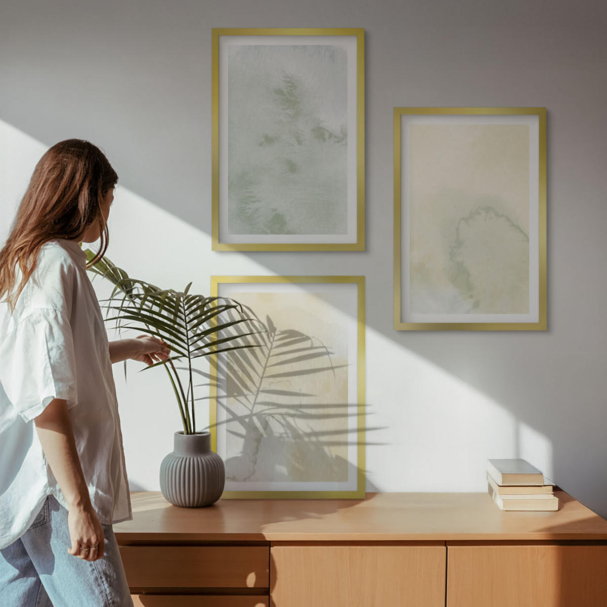 WANDBILDER 3er Set - 40x60 cm Goldrahmen - Pastellfarbene Aquarelltexturen - Goldfarben, Kunststoff (40/60cm) - ArtPrintCave