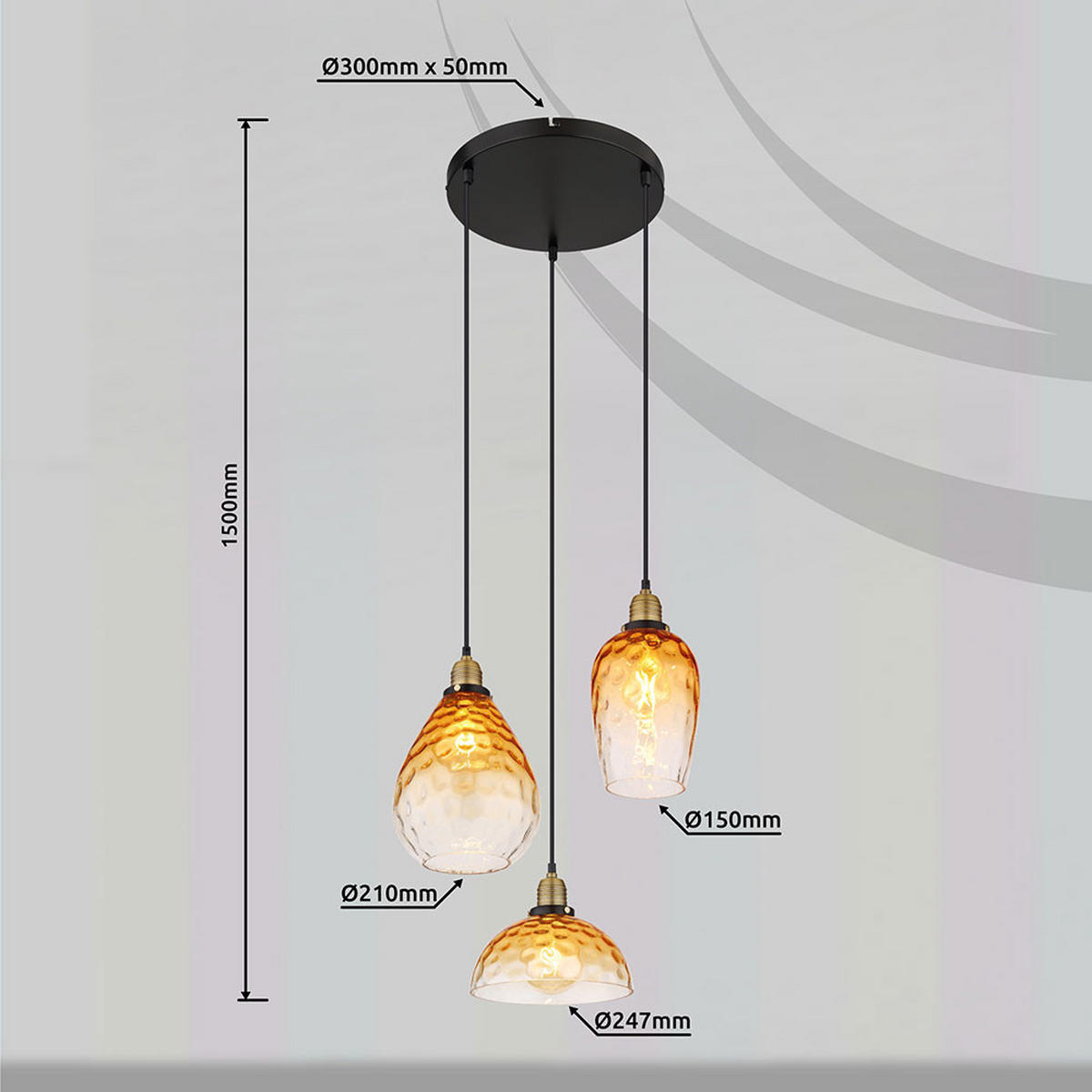 HÄNGELEUCHTE Metall Schwarz Amber 3-Flammig - Schwarz, Glas (46/46/150cm) - Globo Lighting