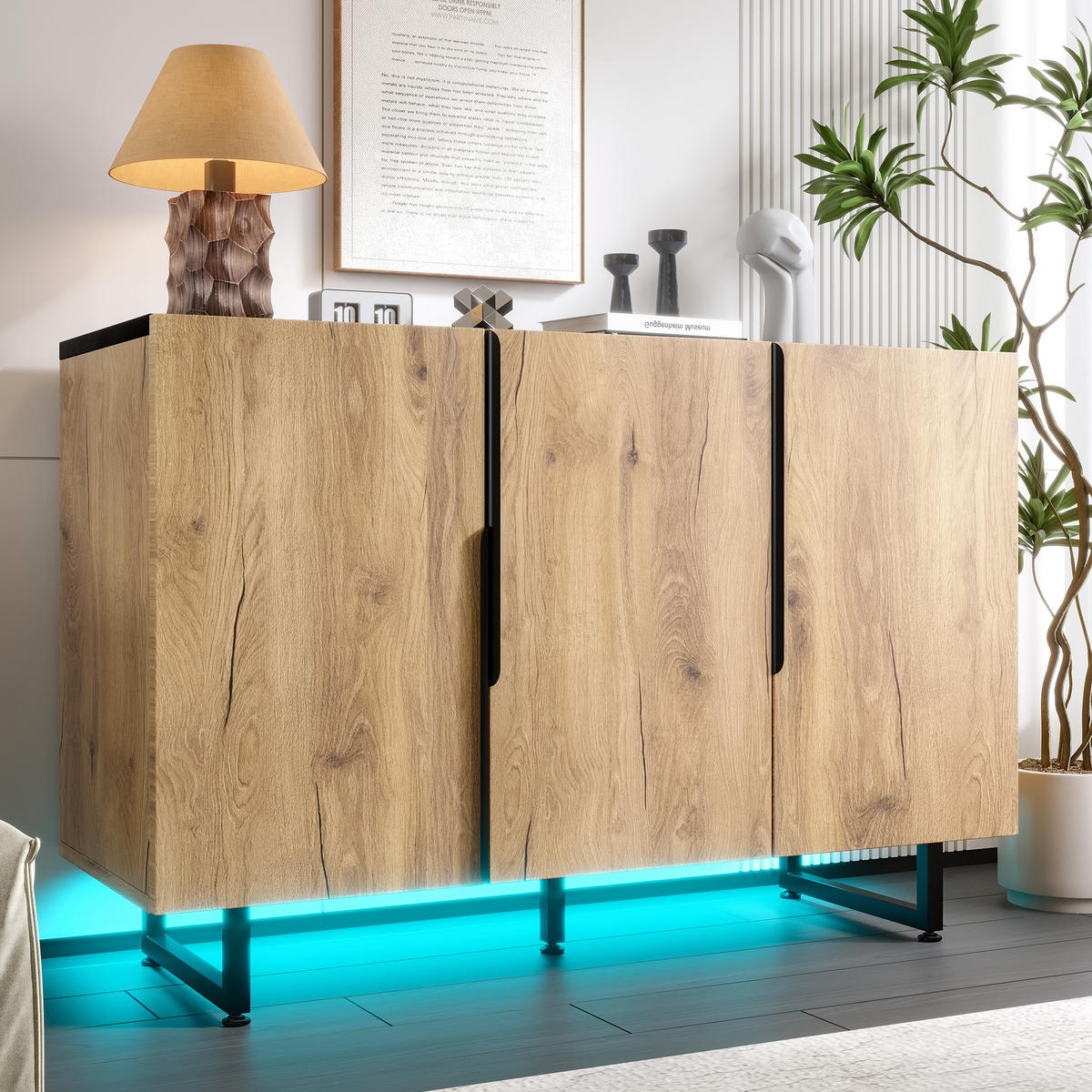 SIDEBOARD mit LED-Beleuchtung - Verstellbare Regalböden, justierbare Füße und freistehende Konstruktion - Natur - Naturfarben, Holz/Holzwerkstoff (38/80/120cm) - KOMHTOM