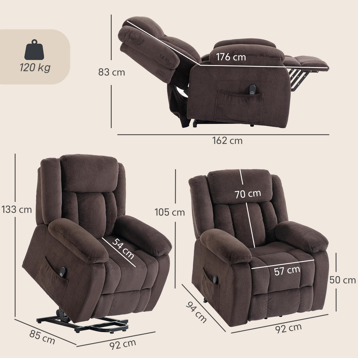 FERNSEHSESSEL-MIT-AUFSTEHHILFE Polyester Stahl Braun - Blau/Schwarz, Textil/Metall (92/105/94cm) - HOMCOM
