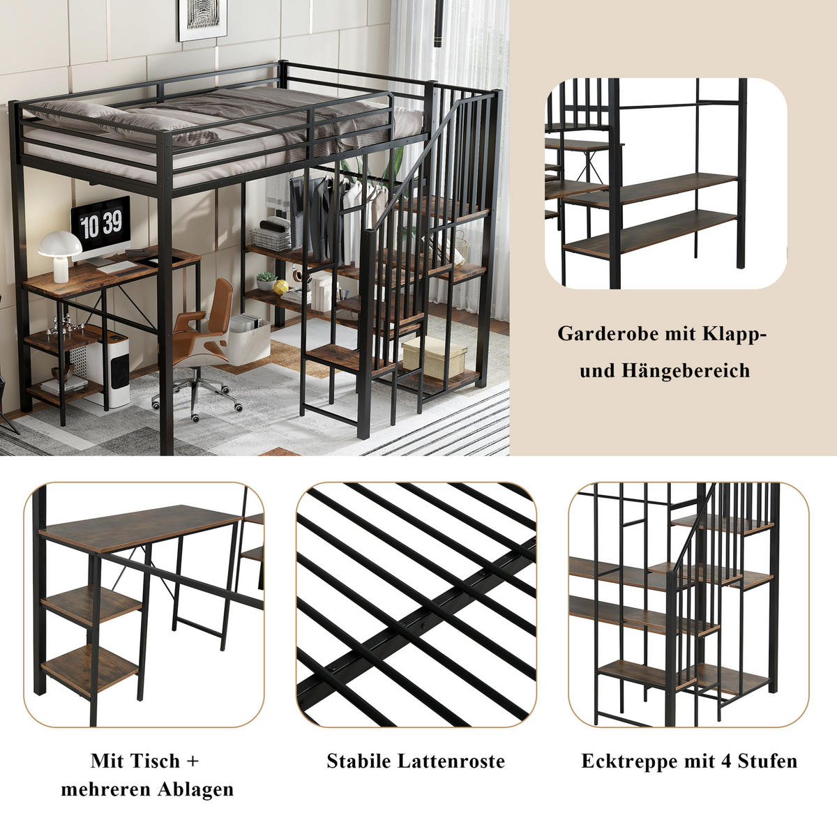 ETAGENBETT aus Metall und MDF 120x200 cm Schwarz mit Schreibtisch, Regal, offenem Kleiderschrank und Eckleiter - Schwarz, Holzwerkstoff (120/200cm) - Modfu