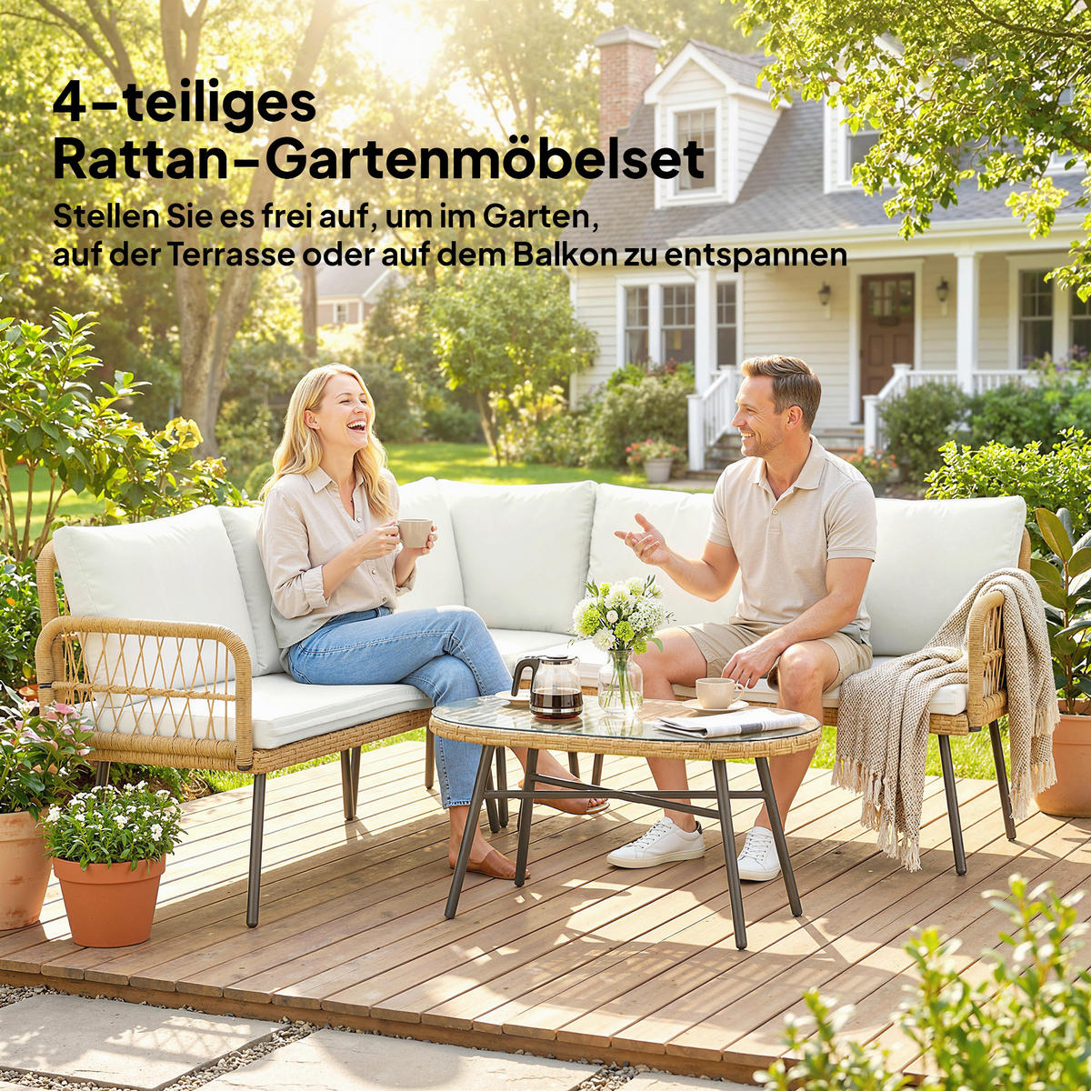LOUNGESET 4 TLG. aus Polyrattan Stahl Cremeweiß - Transparent/Creme, Kunststoff/Metall - Outsunny