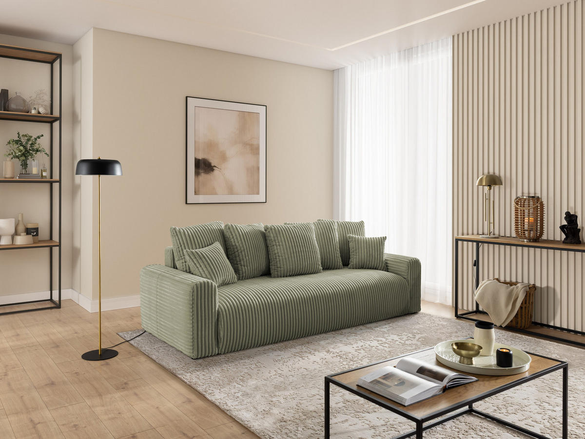 SCHLAFSOFA Calma mit Bettkasten im Bumpy-Design aus weichem Olive Plüschcord - Schwarz/Olivgrün, Holz/Kunststoff (239/88/98cm) - S-Style