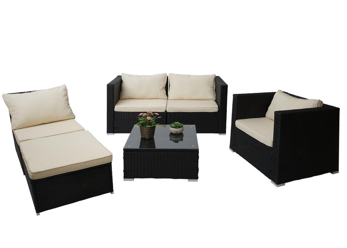 POLY-RATTAN-GARNITUR Schwarz, Cremeweiß - Schwarz/Weiß, Kunststoff - MCW