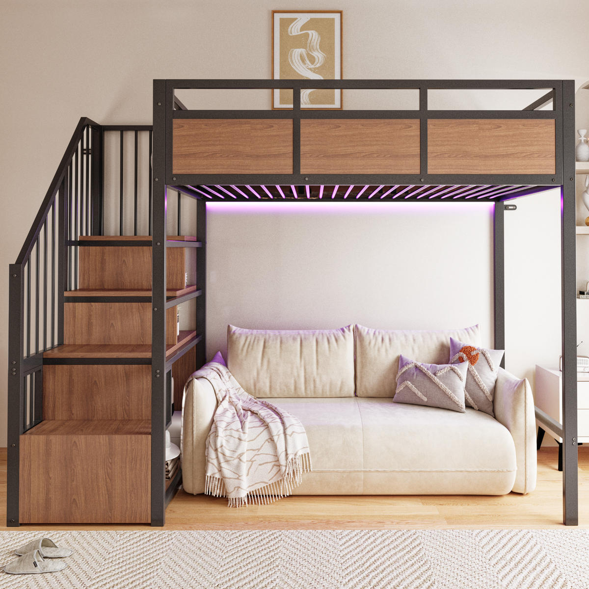 HOCHBETT 90/200 cm in Schwarz mit Stauraumleiter und LED - Schwarz, Holzwerkstoff/Metall (90/200cm) - STILVORA