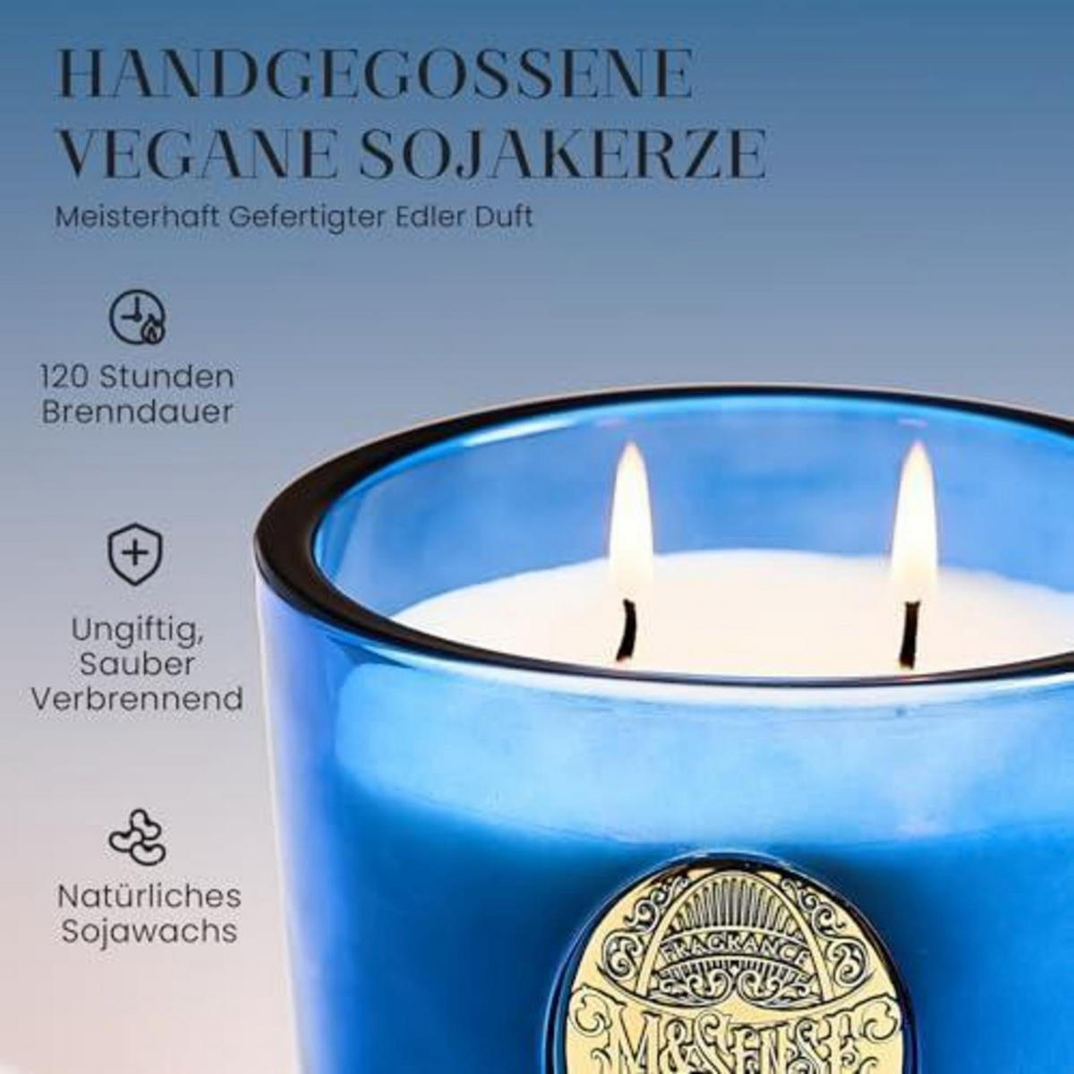 DUFTKERZE Ozean-Traum 560g 2-Docht 110h Brenndauer - Blau, Glas (10cm)