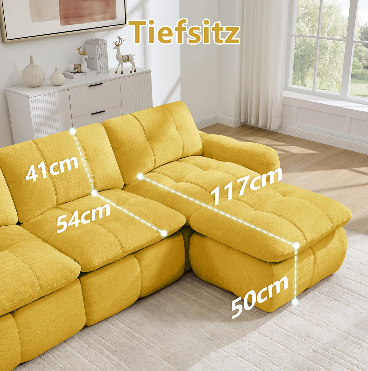 SOFA 194/160/68 cm in Gelb aus Chenille, frei kombinierbar - Gelb, Textil (160/68/194cm) - Flora Grace