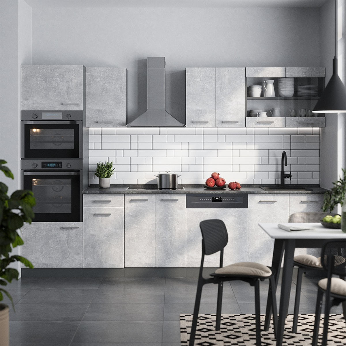 KUHINJSKI BLOK R-Line Beton 300 cm z visoko omaro, DP Marmor - siva/antracit, leseni material (300/81.6/60cm) - Vicco
