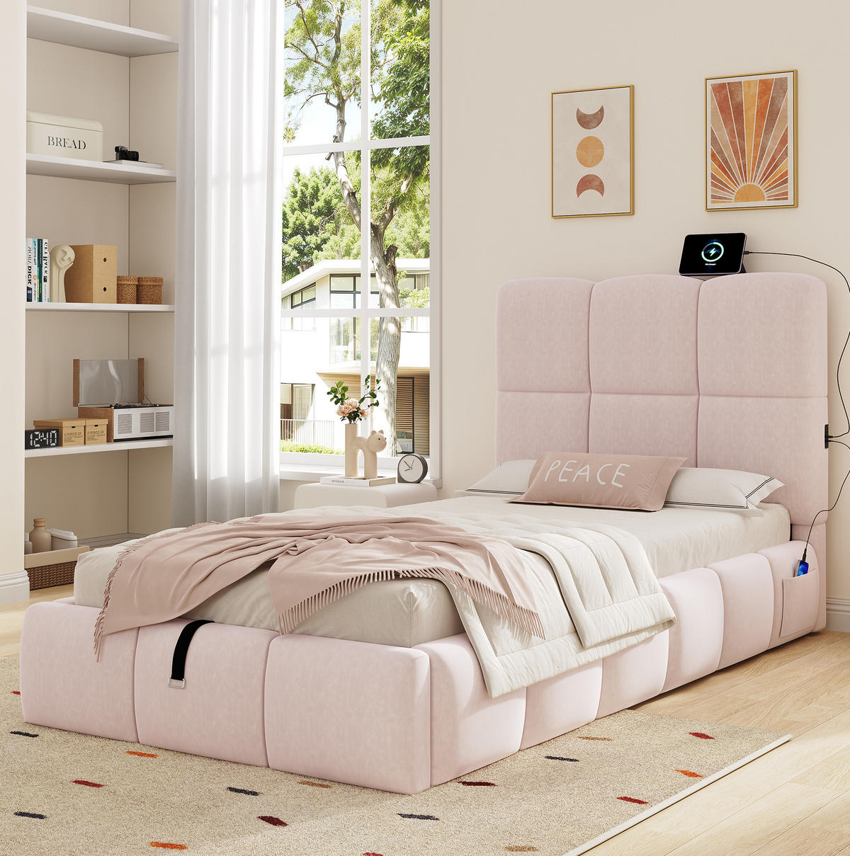 KINDERBETT 90/200 cm aus Samt mit Stauraum und USB-Anschluss Rosa - Pink, Textil (90/200cm) - Modenvie