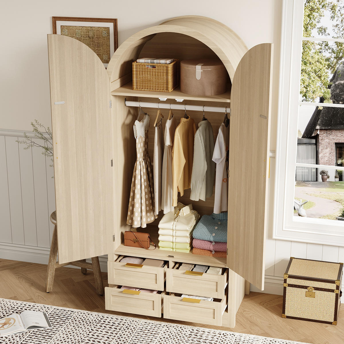 KLEIDERSCHRANK modern gebogene Türen Stauraum Kleiderstange Schubladen Luxus - Eichefarben, Holzwerkstoff (80/179/50cm) - FLIEKS