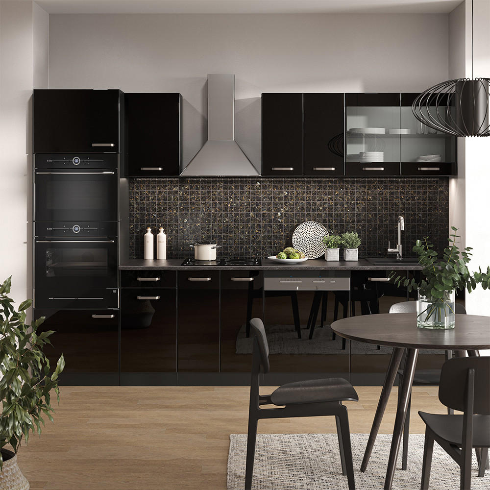 KÜCHENZEILE R-Line Schwarz Hochglanz/Anthrazit 300 cm mit Hochschrank AP Eiche - Schwarz Hochglanz/Anthrazit, Holzwerkstoff (300/81.6/60cm) - Vicco